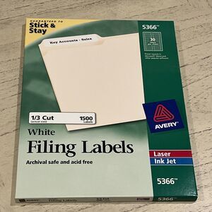 Avery 5366 White File Folder Labels 1/3 Cut TrueBlock Laser Ink Jet 1500Pk